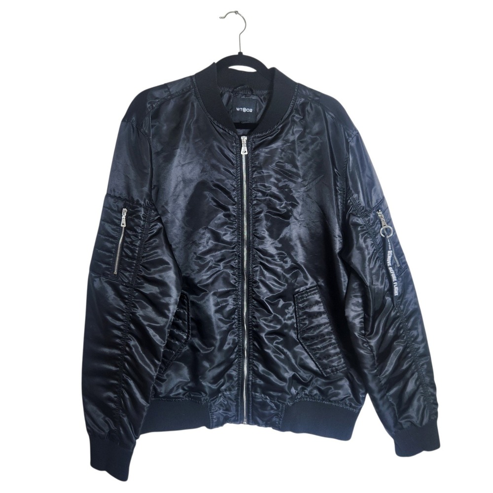 WT02 Mens Bomber Jacket XL Black Flight Jacket Ruched Back Utility Pocket